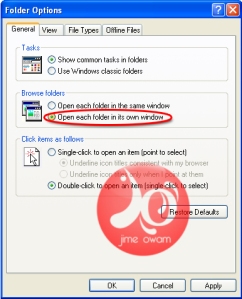 pada view > browse folder > pilih open eats folder in its' 
own windows